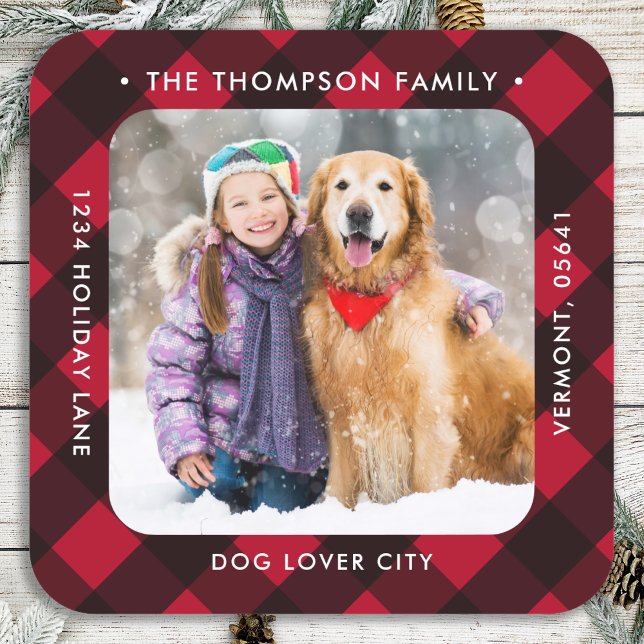 Red Buffalo Plaid Custom Photo Return Address Square Sticker (Creator Uploaded)