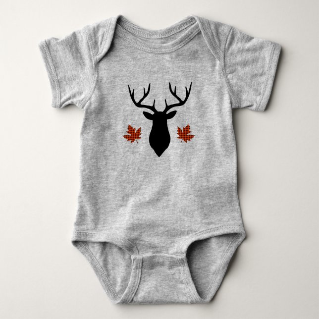 Red Buffalo Plaid Deer Buck Maple Leaf Baby Bodysuit (Front)