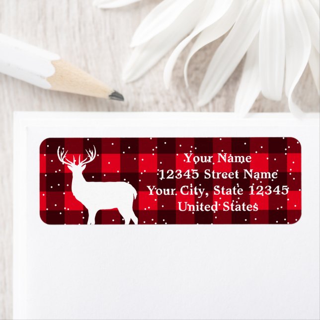 Red buffalo plaid deer Christmas return address (Insitu)