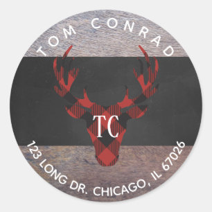 Red Buffalo Plaid Deer Head Monogram Address Label