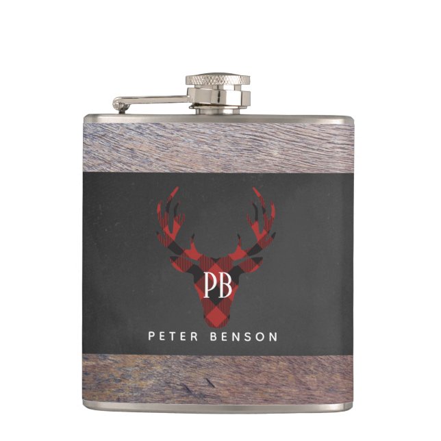 Red Buffalo Plaid Deer Head Monogram Hip Flask (Front)