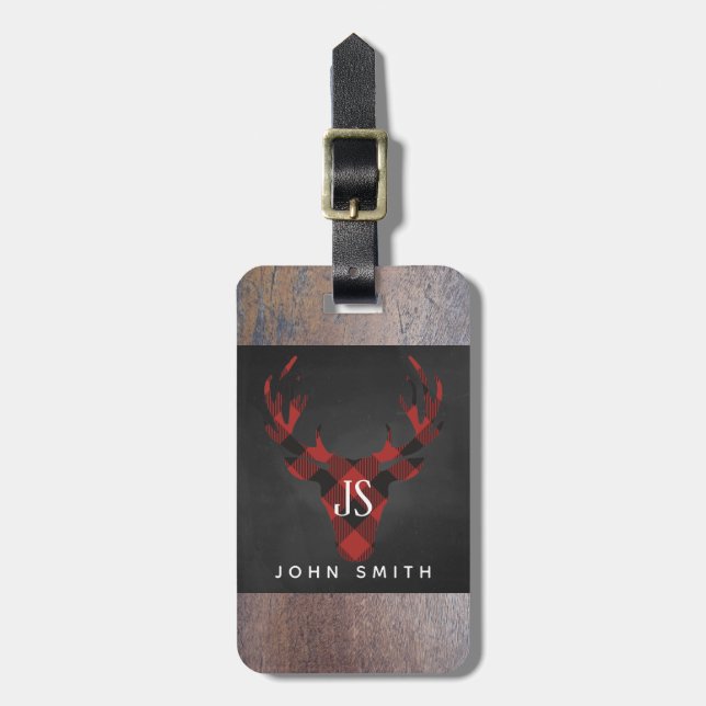 Red Buffalo Plaid Deer Head Monogram Luggage Tag (Front Vertical)