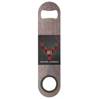 Red Buffalo Plaid Deer Head Monogram Speed Bottle Opener