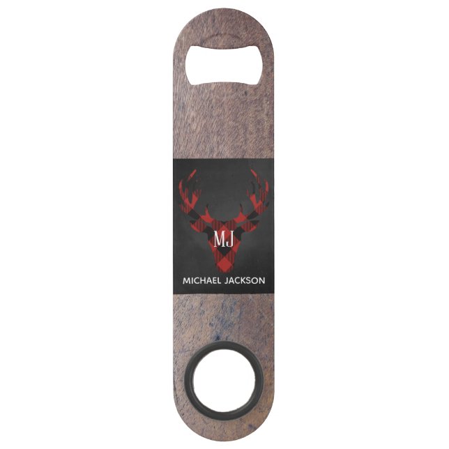 Red Buffalo Plaid Deer Head Monogram Speed Bottle Opener (Front)