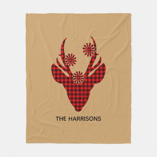 Red Buffalo Plaid Deer Head Personalized Fleece Blanket (Front)
