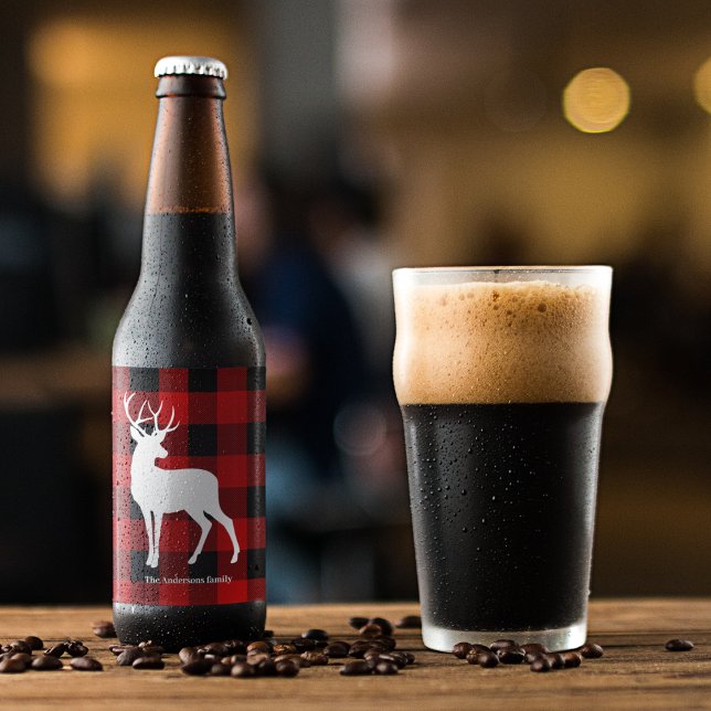 Red Buffalo Plaid & Deer | Personal Name Gift Beer Bottle Label (Creator Uploaded)