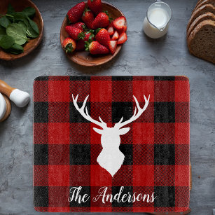 Red Buffalo Plaid & Deer   Personal Name Gift Cutting Board