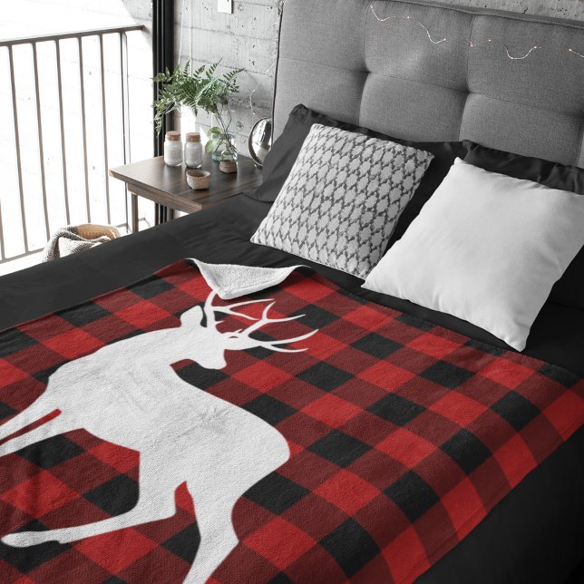 Red Buffalo Plaid & Deer | Personal Name Gift Fleece Blanket (Creator Uploaded)