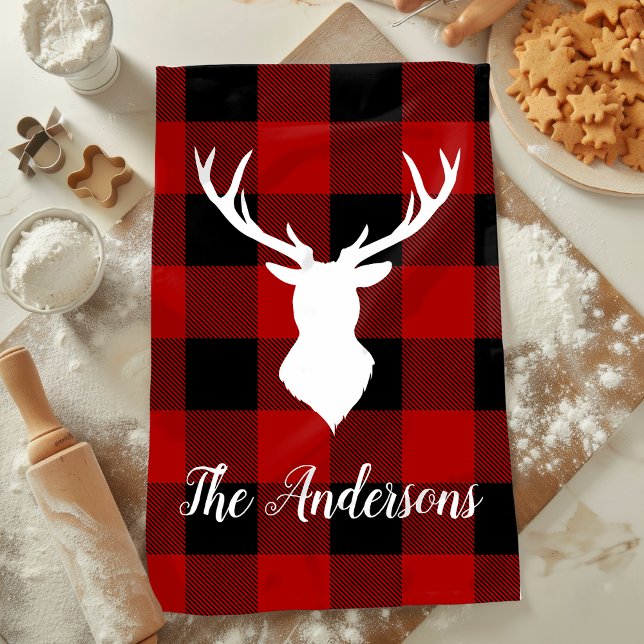 Red Buffalo Plaid & Deer | Personal Name Gift Kitchen Towel (Creator Uploaded)