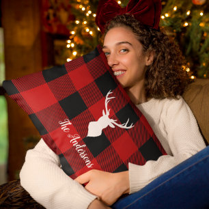 Red Buffalo Plaid & Deer   Personal Name Gift Lumbar Pillow