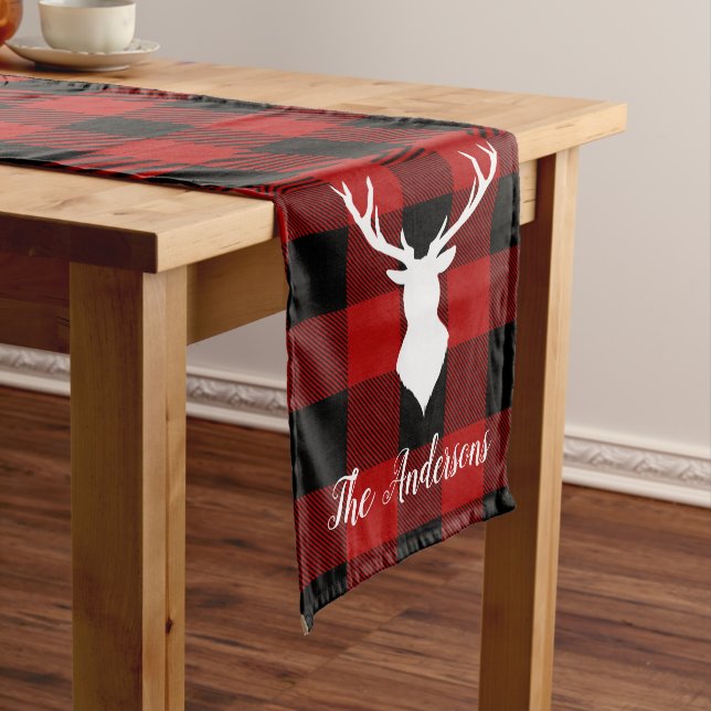 Red Buffalo Plaid & Deer | Personal Name Gift Medium Table Runner (In Situ)