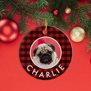 Red Buffalo Plaid Dog Photo Ceramic Ornament