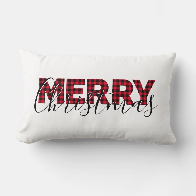 Red Buffalo Plaid Elegant Script Merry Christmas Lumbar Pillow (Front)