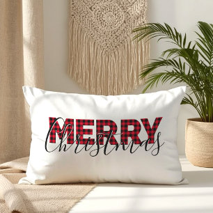 Red Buffalo Plaid Elegant Script Merry Christmas Lumbar Pillow