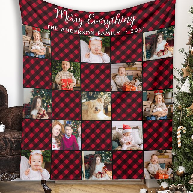 Red Buffalo Plaid Family Christmas Photo Collage Fleece Blanket (Creator Uploaded)