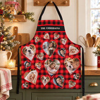 Red Buffalo Plaid Family Heart Photo Collage Name  Apron