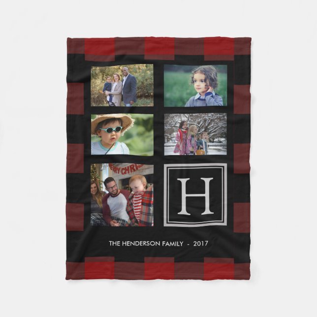 Red buffalo plaid family monogram photo collage fleece blanket (Front)