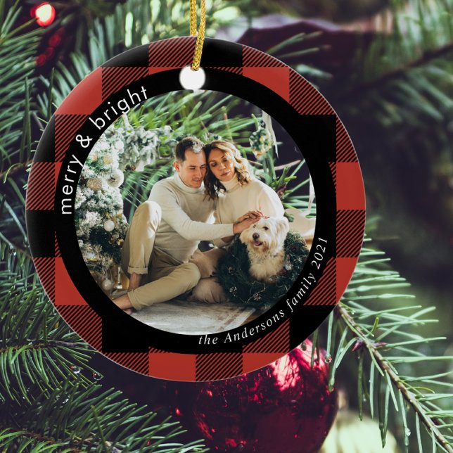 Red Buffalo Plaid Family Photo | Merry And Bright Ceramic Ornament ("Merry And Bright Family Moments"
)