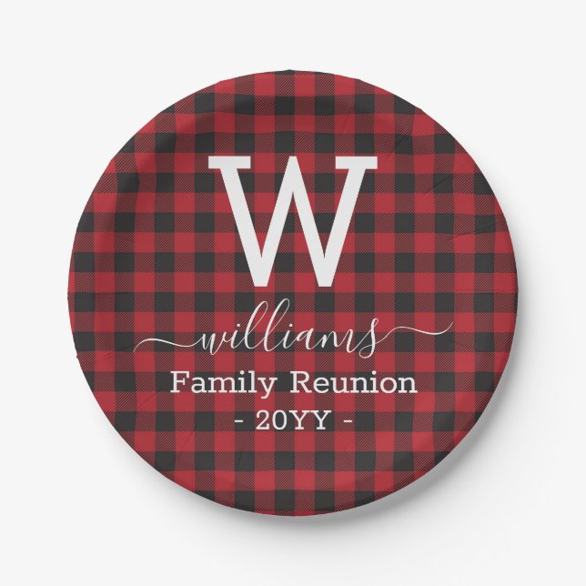 Red Buffalo Plaid Family Reunion Monogrammed Paper Plate (Front)
