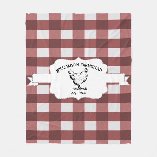 Red Buffalo Plaid Farm Chicken Fleece Blanket (Front)