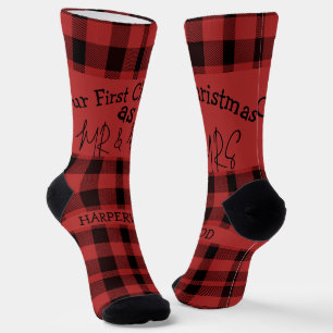 Red Buffalo Plaid first Christmas Mr & Mrs Couple Socks