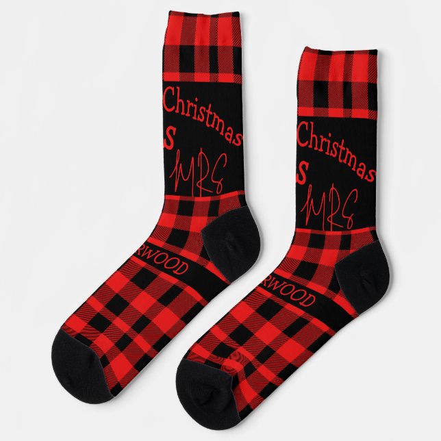 Red Buffalo Plaid first Christmas Mr & Mrs Couple Socks (Left)