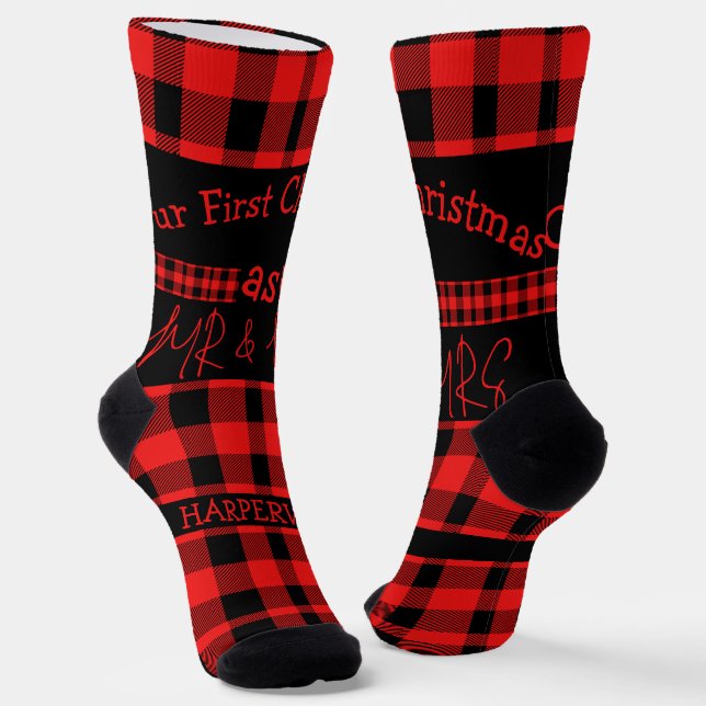 Red Buffalo Plaid first Christmas Mr & Mrs Couple Socks (Angled)