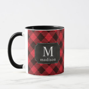 Red Buffalo Plaid Flannel Monogrammed Name  Mug