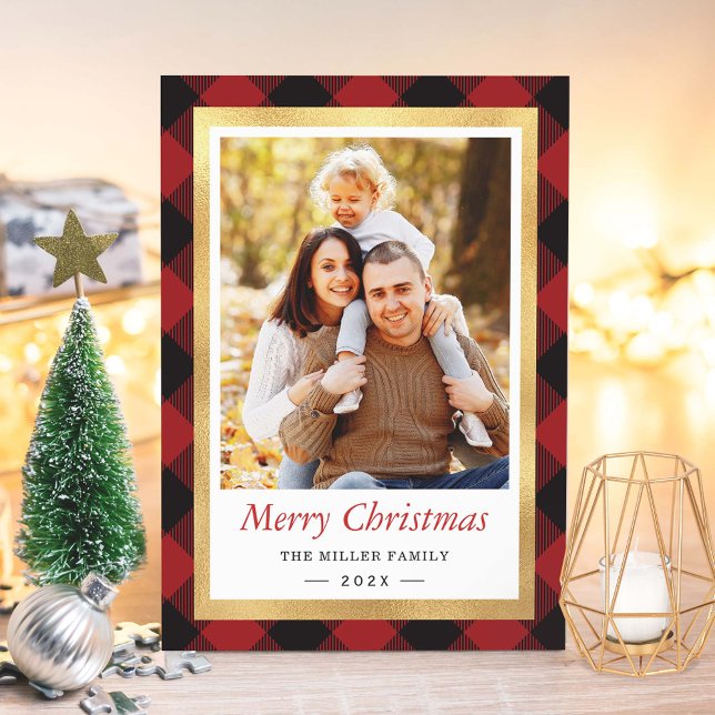 Red Buffalo Plaid Gold Frame Merry Christmas Photo Holiday Card (Creator Uploaded)