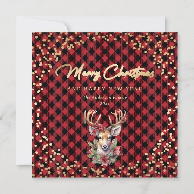 Red Buffalo Plaid Gold Reindeer Snow Christmas Holiday Card (Front)