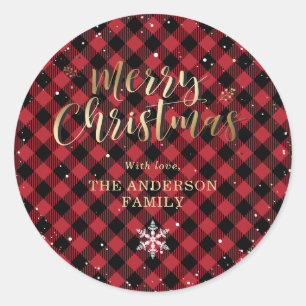 Red Buffalo Plaid Gold Snow Christmas Classic Round Sticker