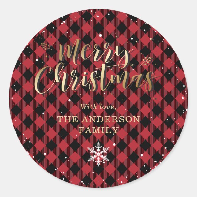 Red Buffalo Plaid Gold Snow Christmas Classic Round Sticker (Front)