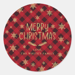 Red Buffalo Plaid Gold Snowflake Merry Christmas Classic Round Sticker