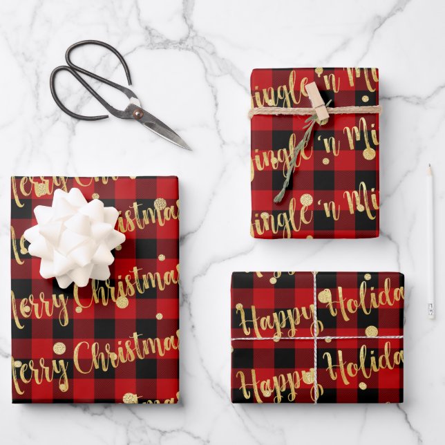 Red Buffalo Plaid Gold Writing Christmas Jingle Wrapping Paper Sheet (Front)
