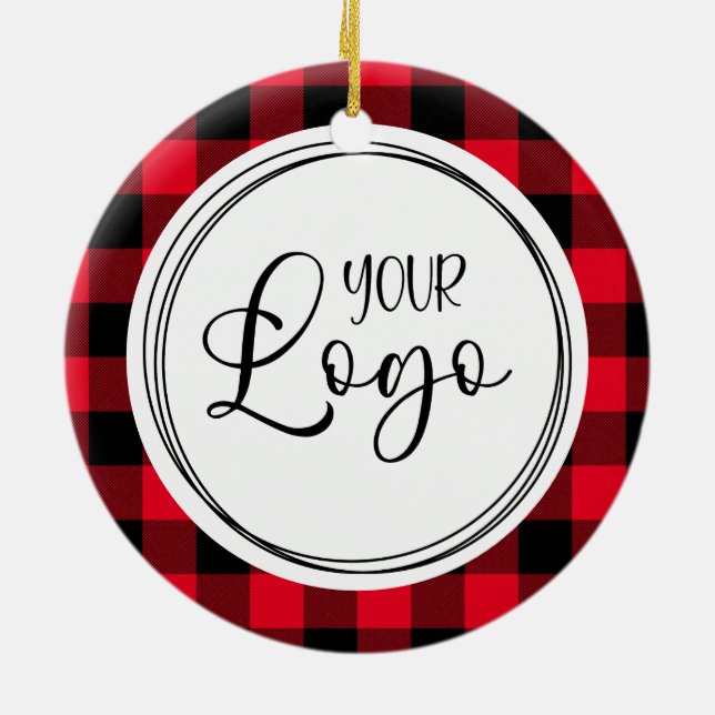 Red Buffalo Plaid Happy Holidays Business Logo Ceramic Ornament (Back)