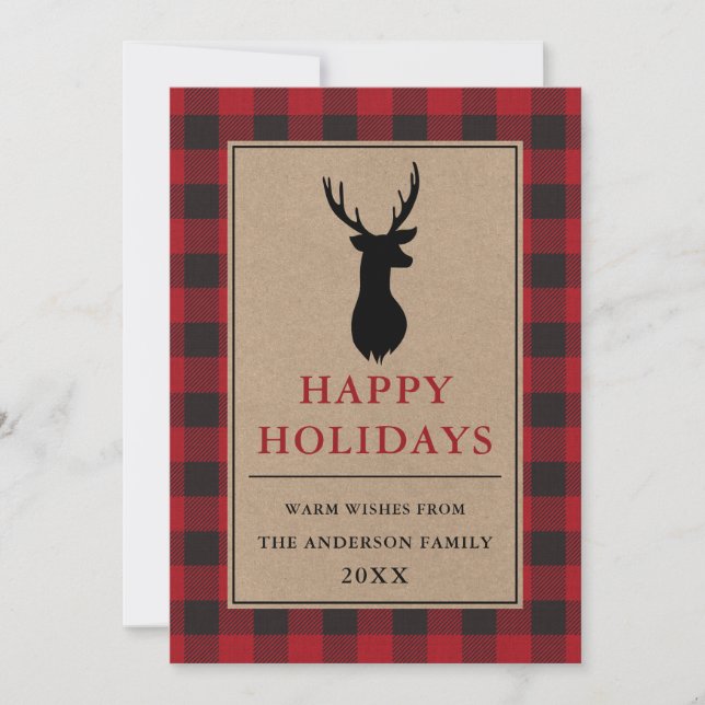 Red Buffalo Plaid Happy Holidays Deer Kraft Holiday Card (Front)