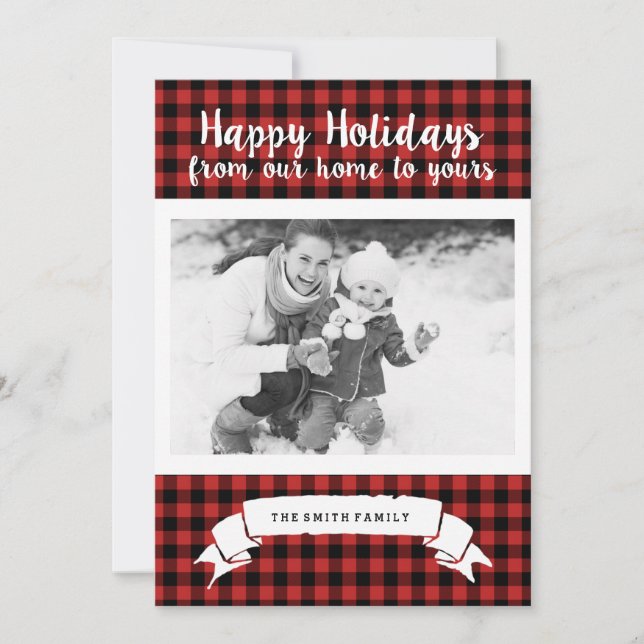 Red Buffalo Plaid Happy Holidays Photo Card (Front)
