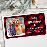 Red Buffalo Plaid Happy HOWLidays Custom Photo  Label<br><div class="desc">Add the finishing touch to your envelopes, mailings and stationary with these happy HOWLidays red buffalo plaid custom photo return address labels. Customize these holiday address labels with your favourite photo, dog photo, family photo or pet photo, name, and address. These simple photo return address labels are elegant and trendy....</div>