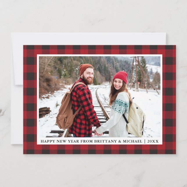 Red Buffalo Plaid Happy New Year Photo Holiday Card (Front)