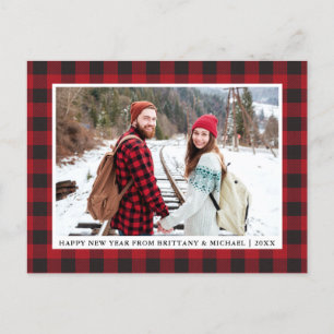 Red Buffalo Plaid Happy New Year Photo Postcard