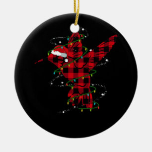 Red Buffalo Plaid Hummingbird Santa Hat Christmas  Ceramic Ornament