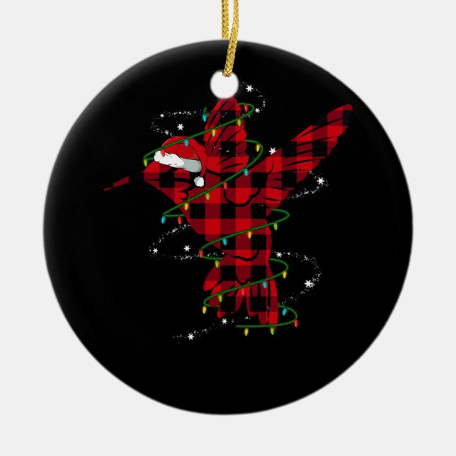 Red Buffalo Plaid Hummingbird Santa Hat Christmas  Ceramic Ornament (Front)