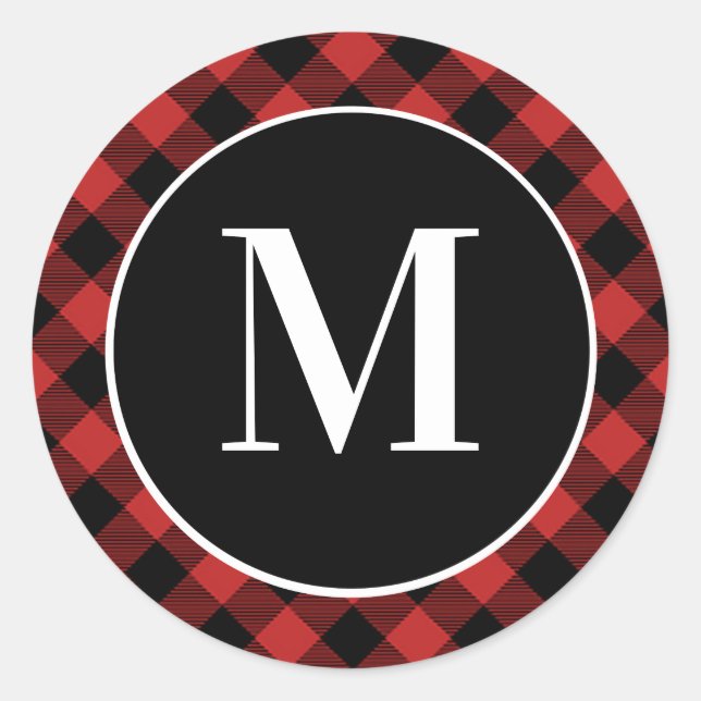 Red Buffalo Plaid Initial Monogram Classic Round Sticker (Front)