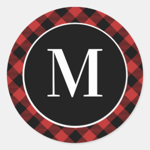 Red Buffalo Plaid Initial Monogram Classic Round Sticker