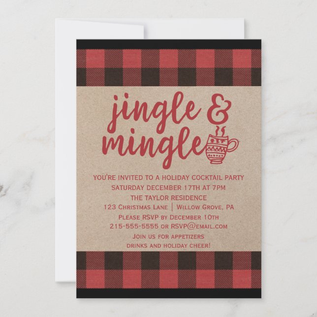 Red Buffalo Plaid Jingle and Mingle Cocktail Party Invitation (Front)