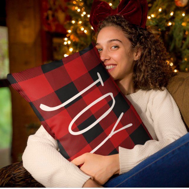 Red Buffalo Plaid & Joy | Happy Holiday Lumbar Pillow (Creator Uploaded)