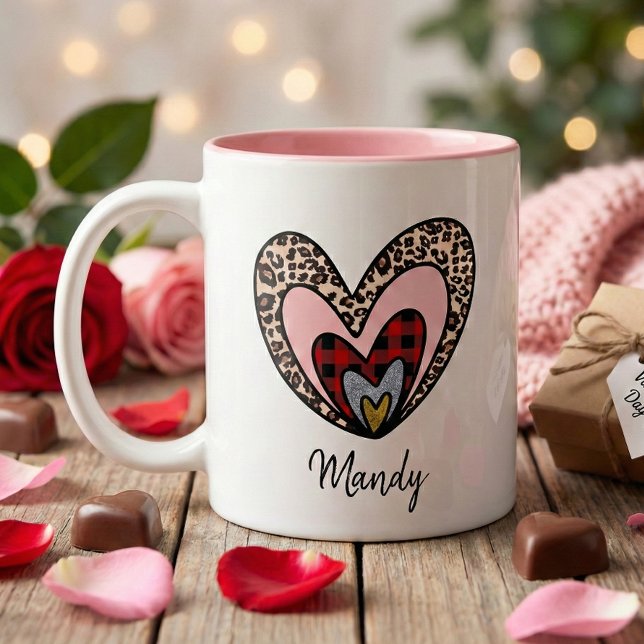 Red Buffalo Plaid Leopard Print Heart Valentines Two-Tone Coffee Mug (Creator Uploaded)