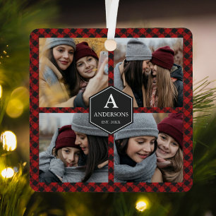 Red Buffalo Plaid Lumberjack Family Photo Collage Metal Ornament
