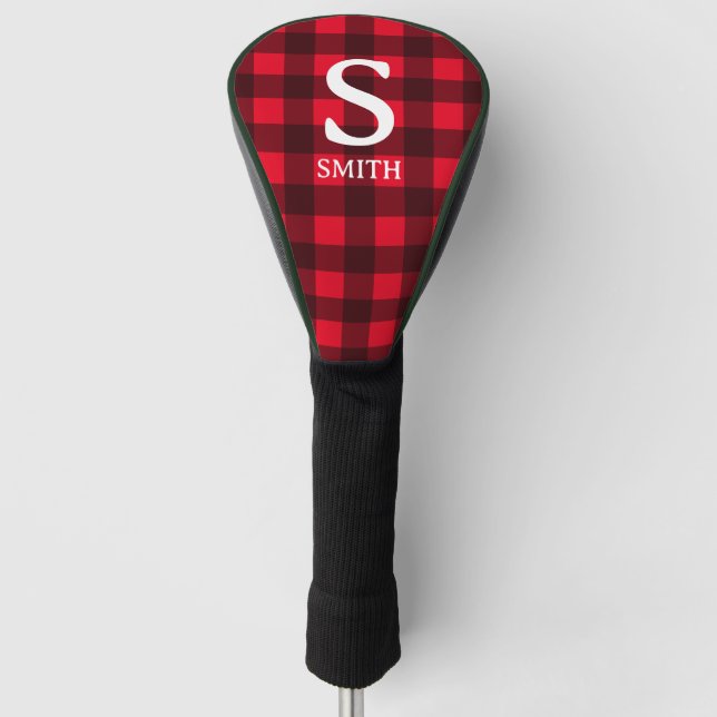 Red buffalo plaid lumberjack pattern personalized golf head cover (Front)