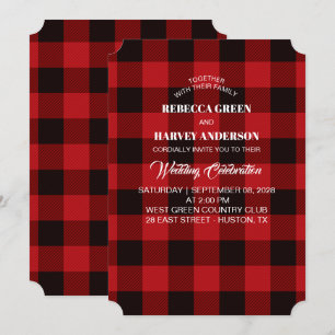 red buffalo plaid lumberjack rustic winter wedding invitation